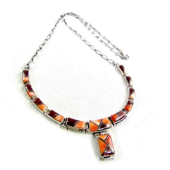 Signed - Roger Skeet Jr Navajo. Vintage Spiny Oyster Inlay 20” Necklace